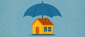 Illustration of a yellow house protected by a large blue umbrella, representing insurance and protection in an SMSF